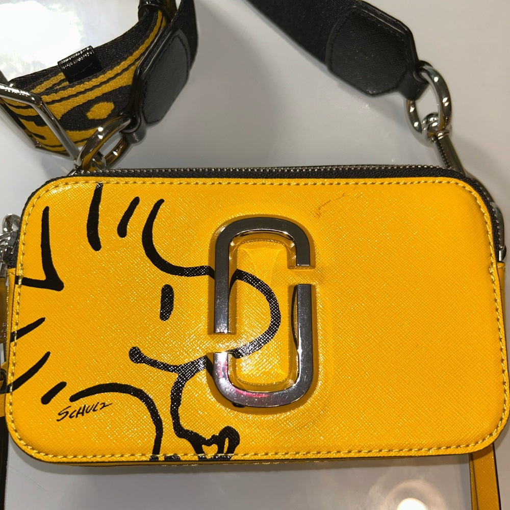Marc Jacobs Yellow Snapshot Crossbody with Black Graphic and Silver Hardware
